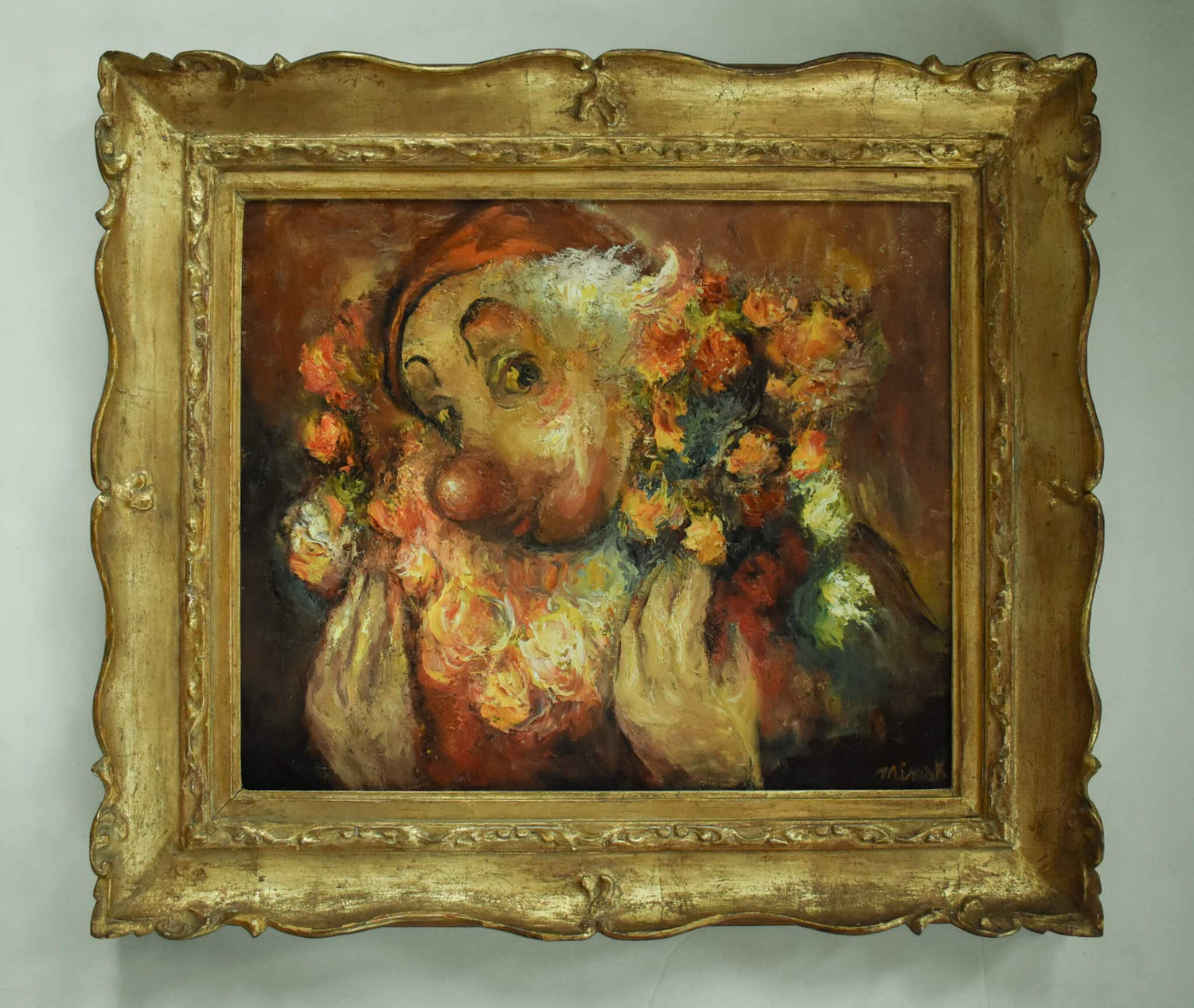 Portrait oil painting clown with roses vintage expressionist art signed Minsk for sale at Winckelmann Gallery