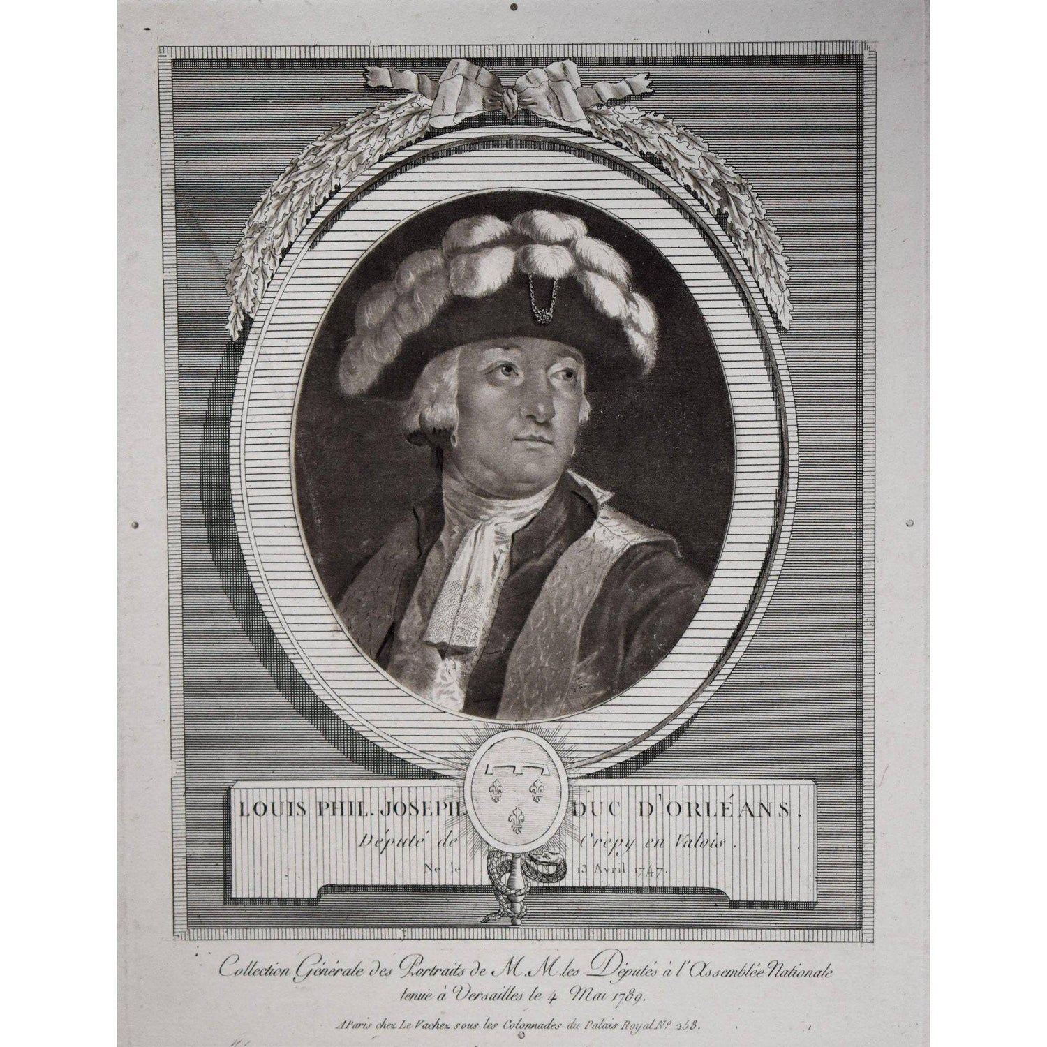 Antique portrait engraving duke of Orleans French Revolution original 1789 by Le Vachez for sale at Winckelmann Gallery