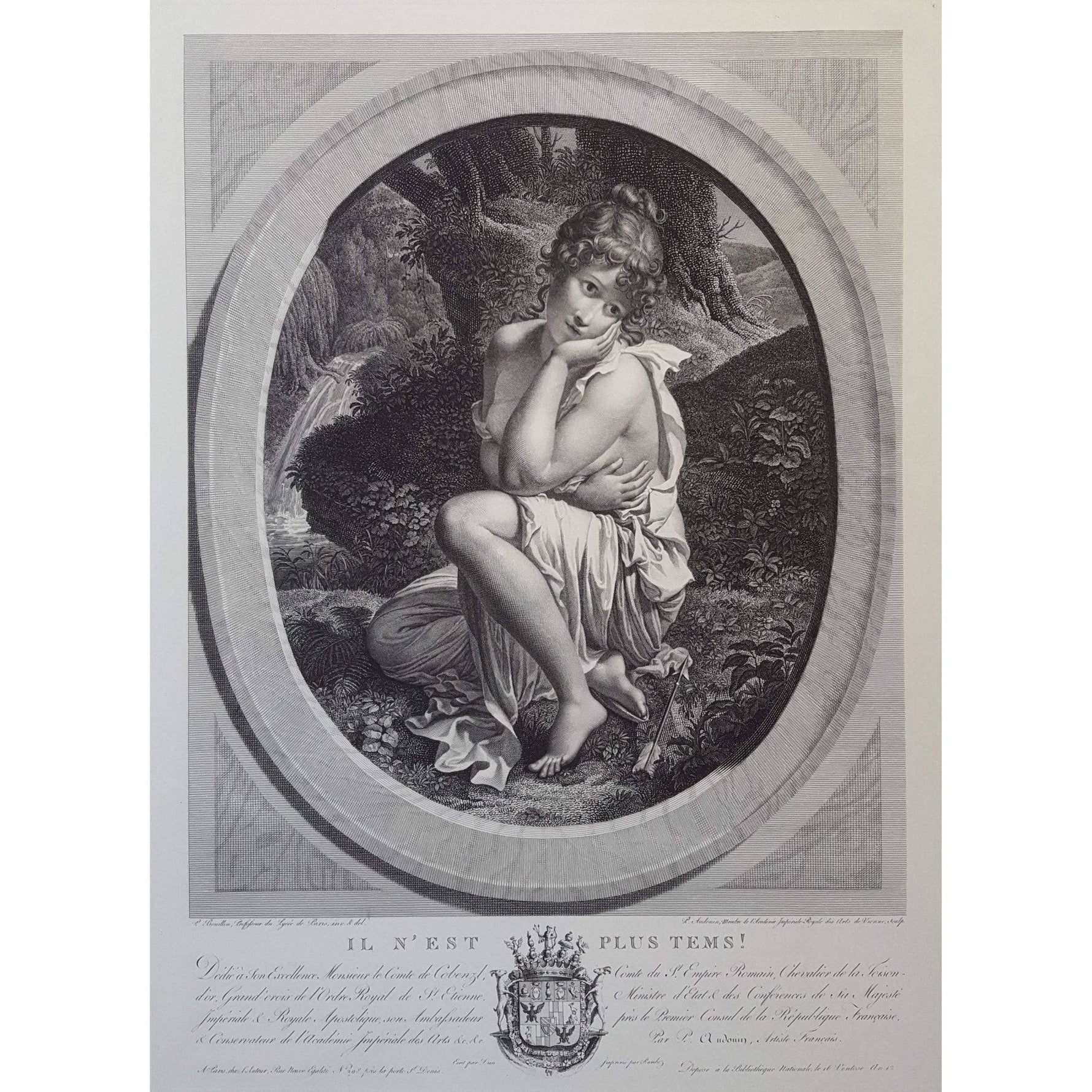 Antique portrait engraving young girl with arrow original 1804 by Pierre Audouin for sale at Winckelmann Gallery