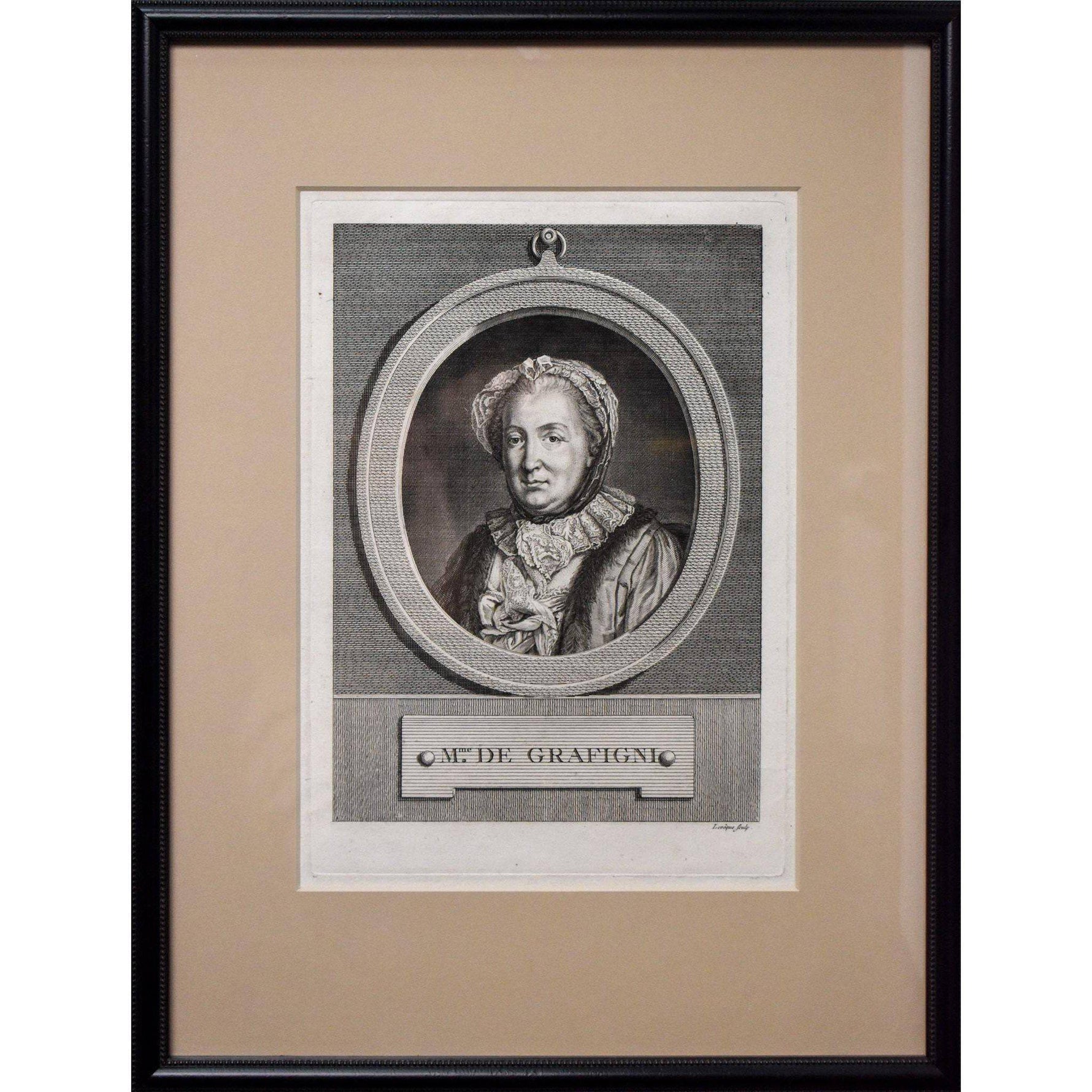 Antique etching portrait woman writer Graffigny original 1772 by Pierre Charles Leveque for sale at Winckelmann Gallery