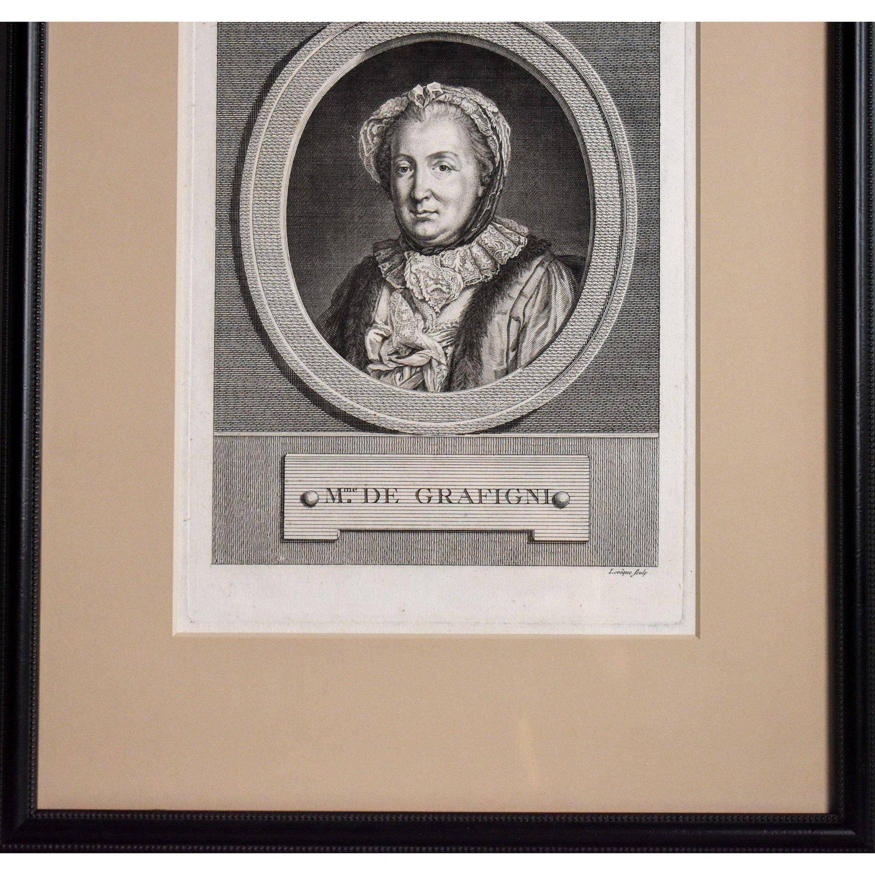 Antique etching portrait woman writer Graffigny original 1772 by Pierre Charles Leveque for sale at Winckelmann Gallery