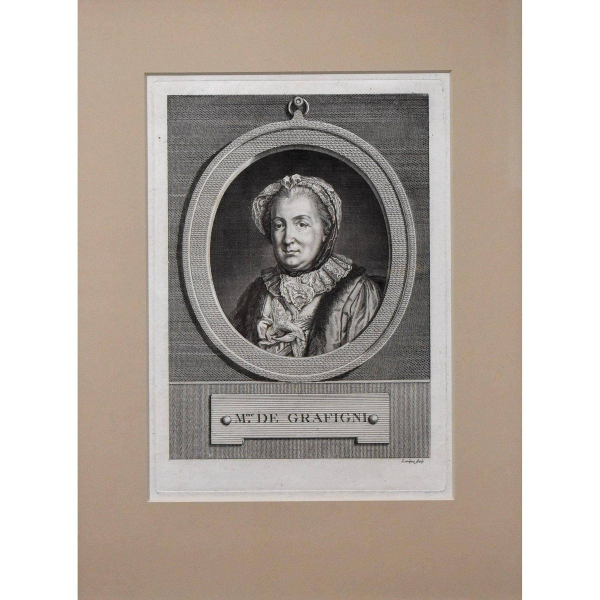 Antique etching portrait woman writer Graffigny original 1772 by Pierre Charles Leveque for sale at Winckelmann Gallery