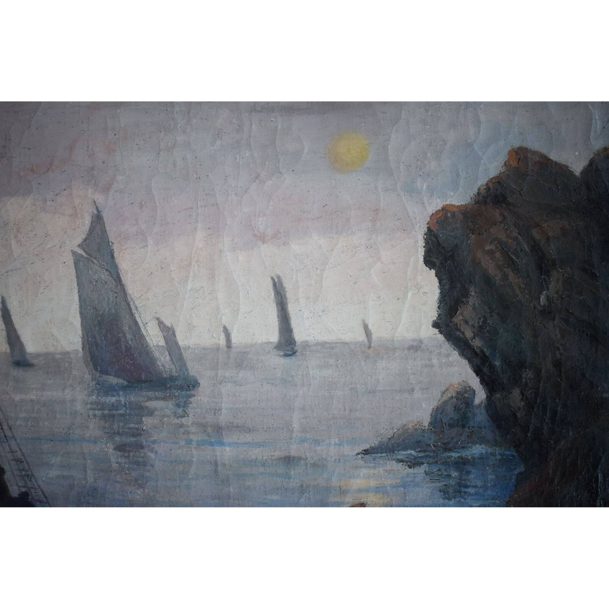 Vintage oil painting, rocky coastal landscape with sailing boats circa 1930, by René Lacaze, for sale at Winckelmann Gallery