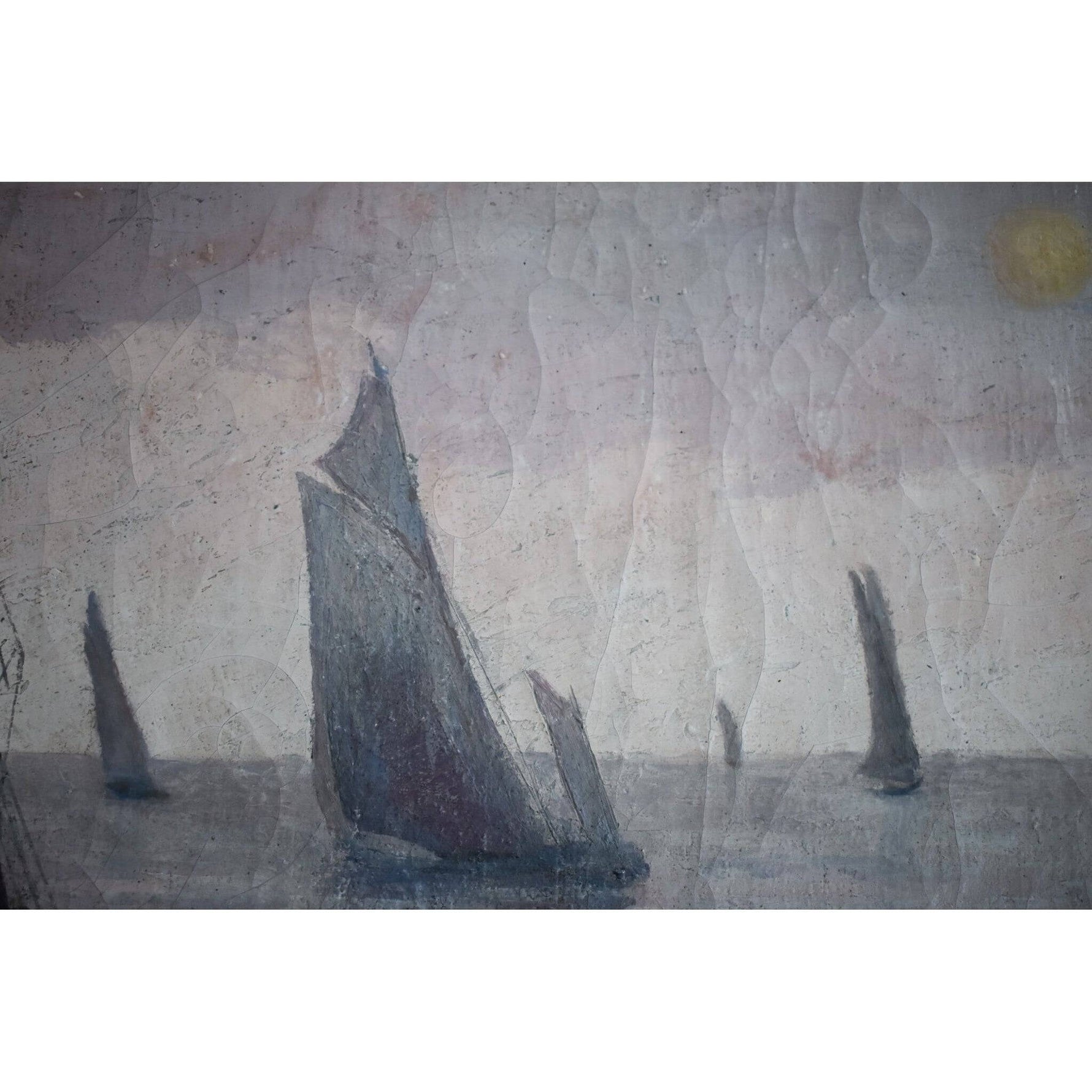 Vintage oil painting, rocky coastal landscape with sailing boats circa 1930, by René Lacaze, for sale at Winckelmann Gallery