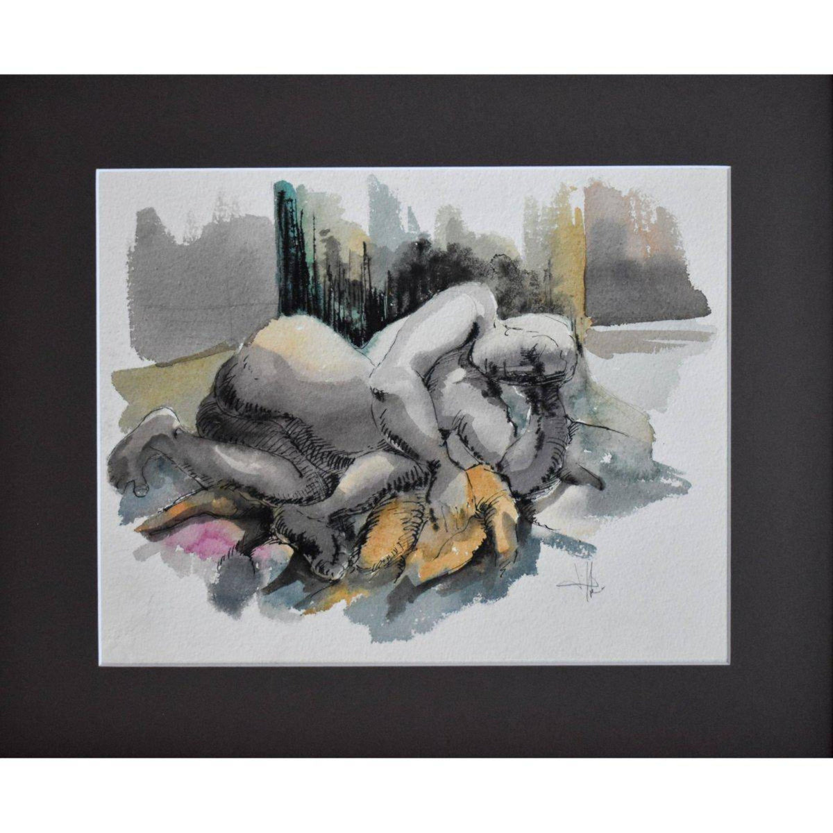 Nude female figure watercolour painting expressionist art circa 1990 by Roger Coppe for sale at Winckelmann Gallery