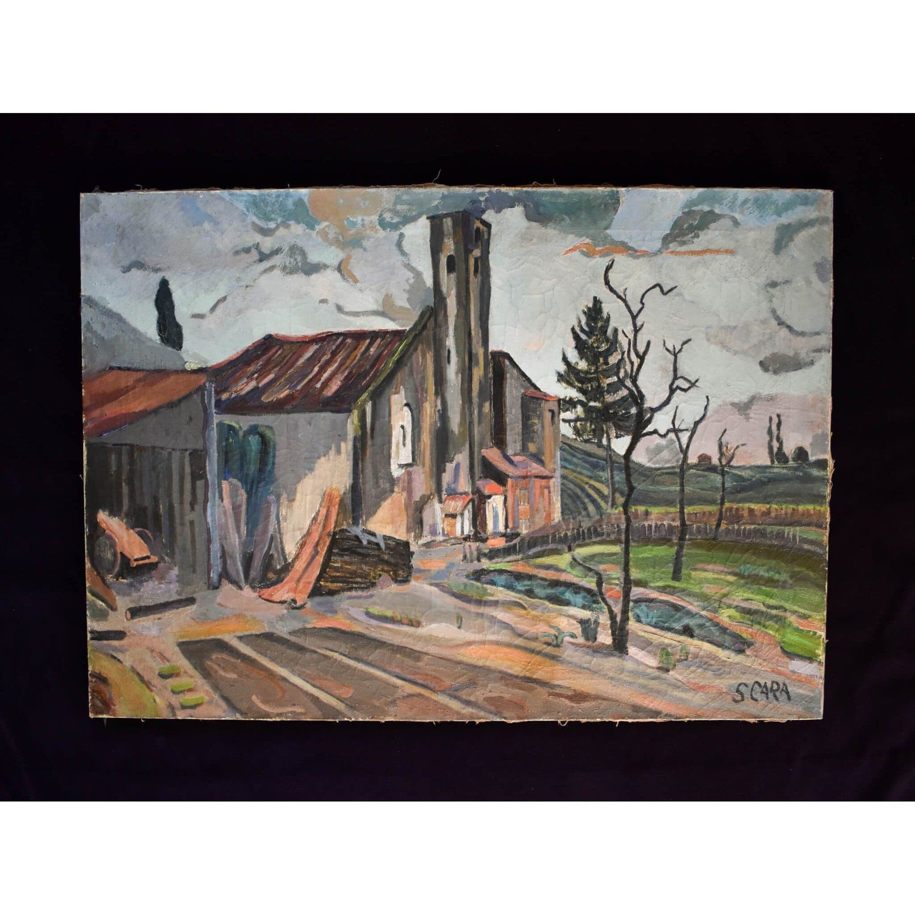 Vintage oil painting French landscape whit a chapel circa 1950 by Stephane Cara for sale at Winckelmann Gallery