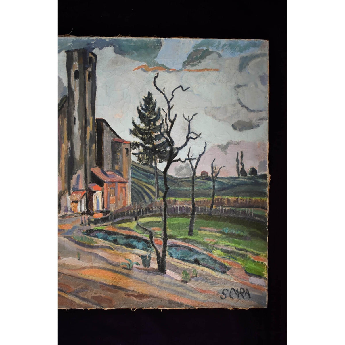 Vintage oil painting French landscape whit a chapel circa 1950 by Stephane Cara for sale at Winckelmann Gallery