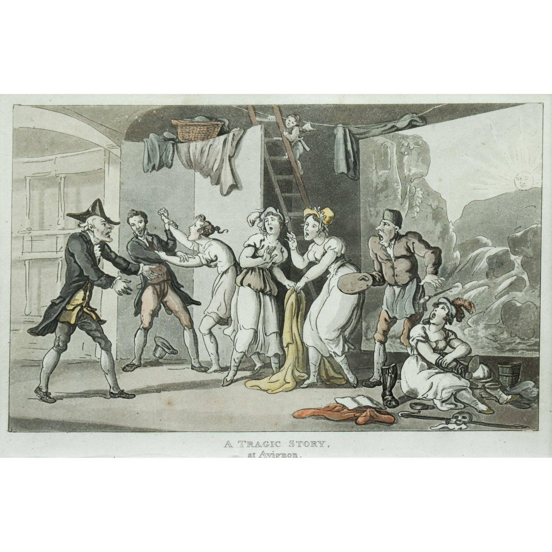 Thomas Rowlandson etching hand-coloured entitled A Tragic Story at Avignon original 1812 for sale at Winckelmann Gallery