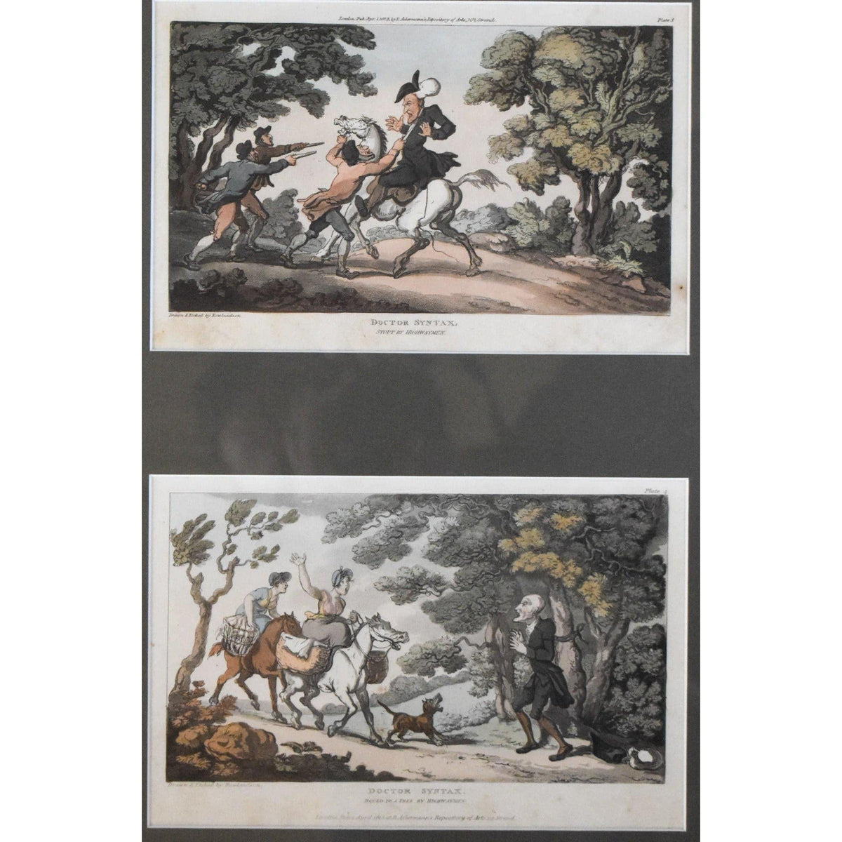 Thomas Rowlandson etching entitled Doctor Sintax Highwaymen Incident original 1813 two prints for sale at Winckelmann Gallery