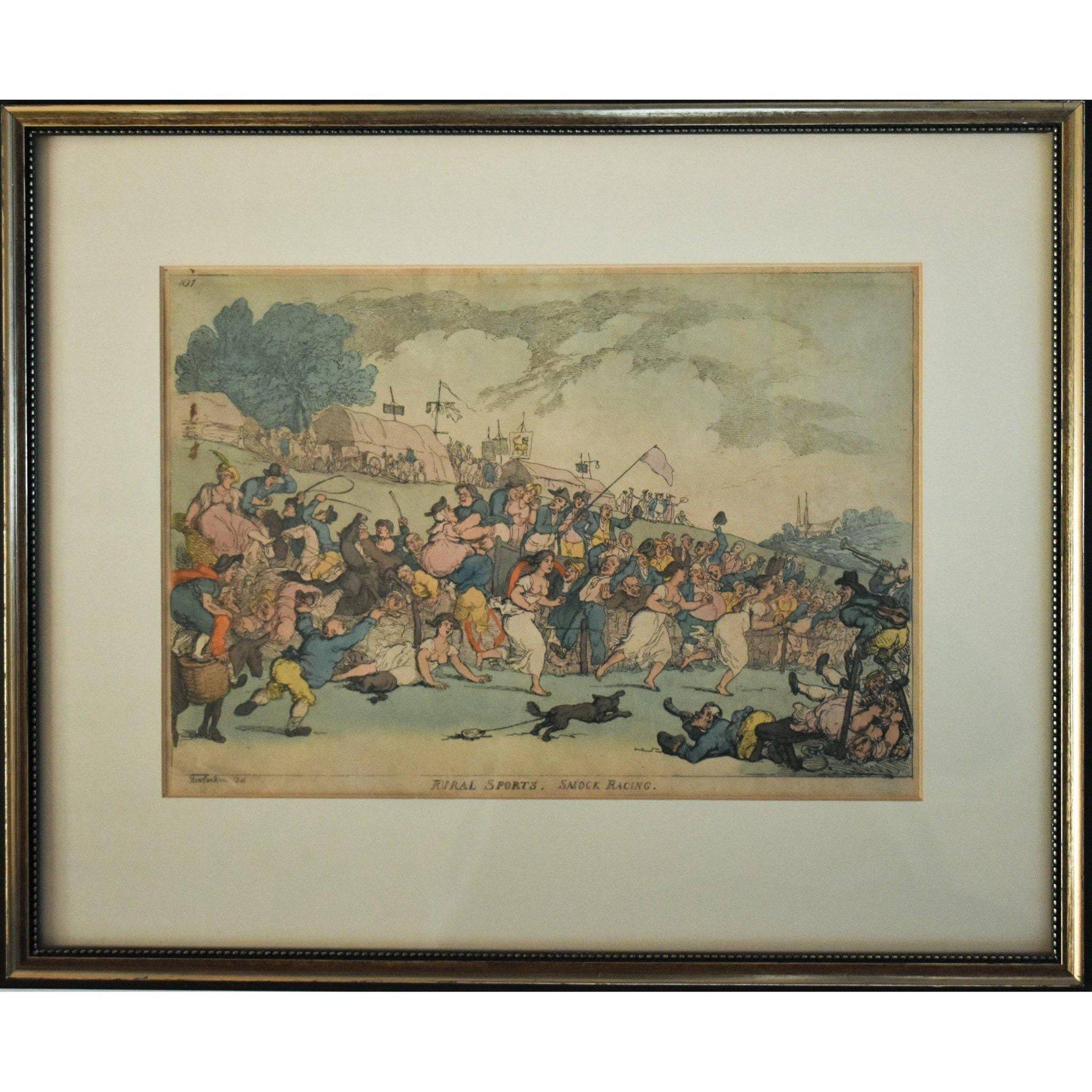 Thomas Rowlandson hand-coloured etching entitled Rural Sports Smock Racing original 1811 for sale at Winckelmann Gallery