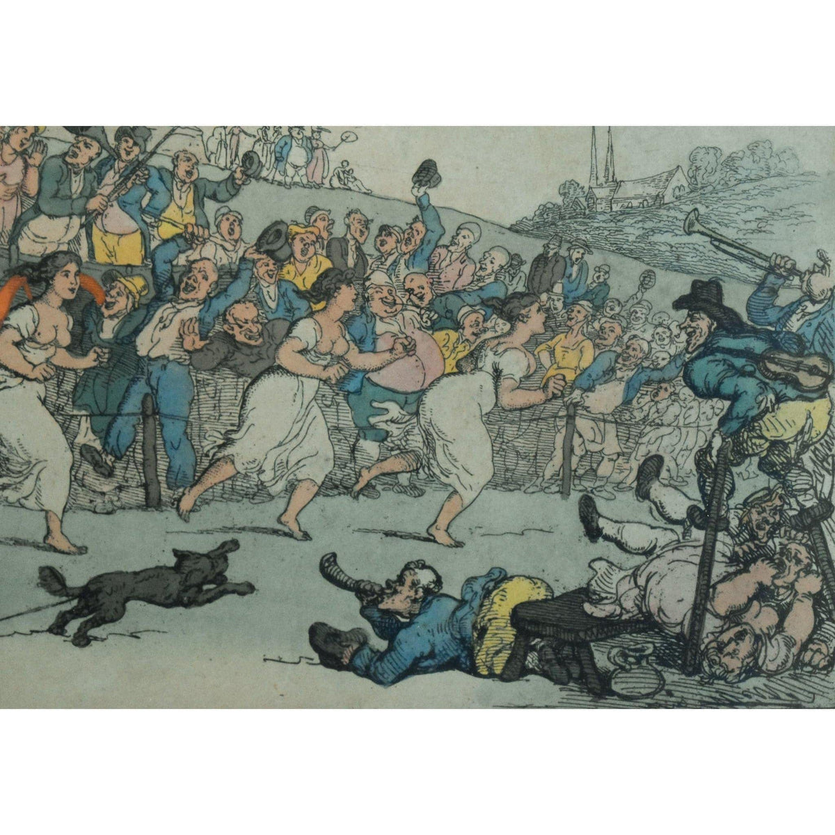 Thomas Rowlandson hand-coloured etching entitled Rural Sports Smock Racing original 1811 for sale at Winckelmann Gallery