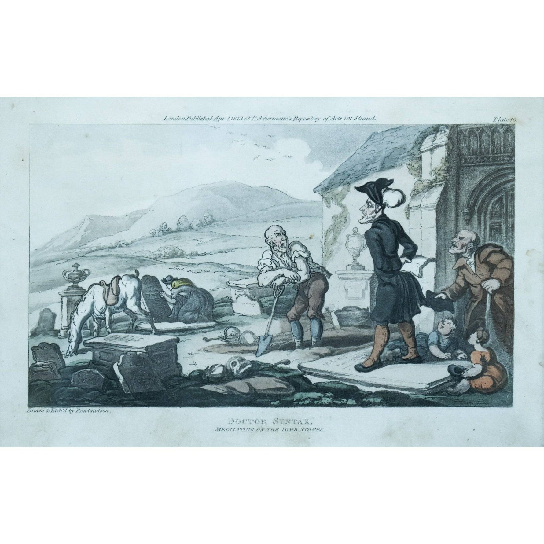 Thomas Rowlandson etching entitled Doctor Syntax Meditating on the Tomb Stones original 1813 for sale at Winckelmann Gallery