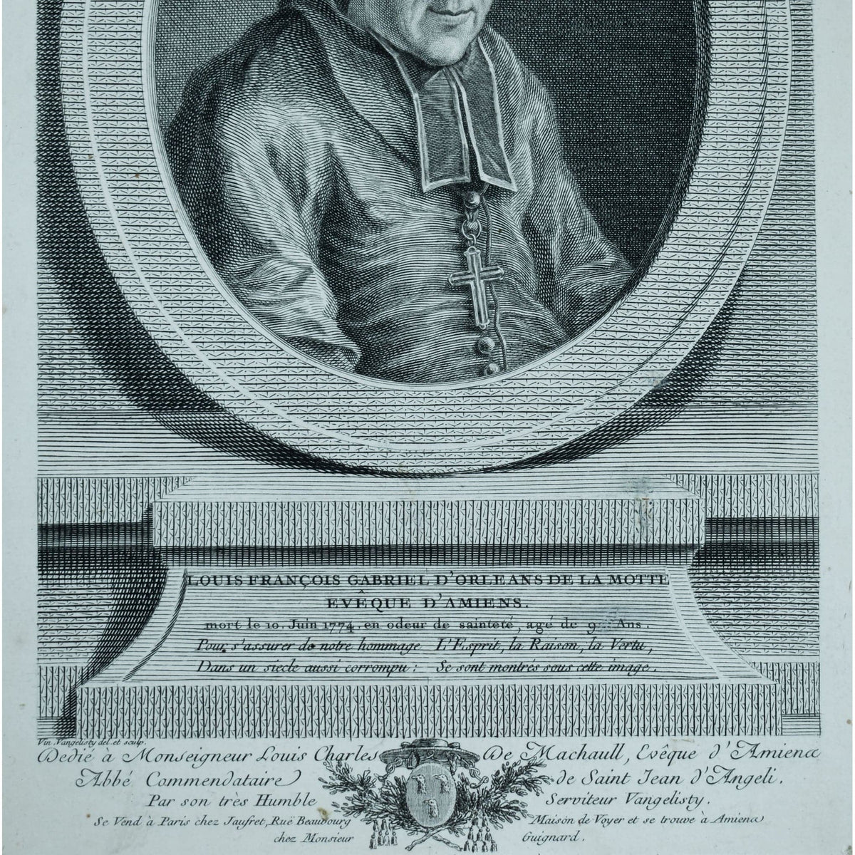 Antique portrait engraving bishop Orleans de la Motte circa 1780 by Vincenzo Vangelisti for sale at Winckelmann Gallery