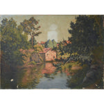 Antique landscape oil painting to be restored depicting a river bank village by Zenon Uzac for sale at Winckelmann Gallery