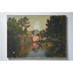 Antique landscape oil painting to be restored depicting a river bank village by Zenon Uzac for sale at Winckelmann Gallery