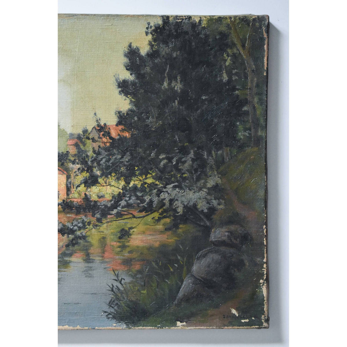 Antique landscape oil painting to be restored depicting a river bank village by Zenon Uzac for sale at Winckelmann Gallery