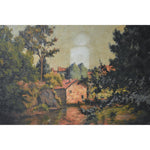 Antique landscape oil painting to be restored depicting a river bank village by Zenon Uzac for sale at Winckelmann Gallery