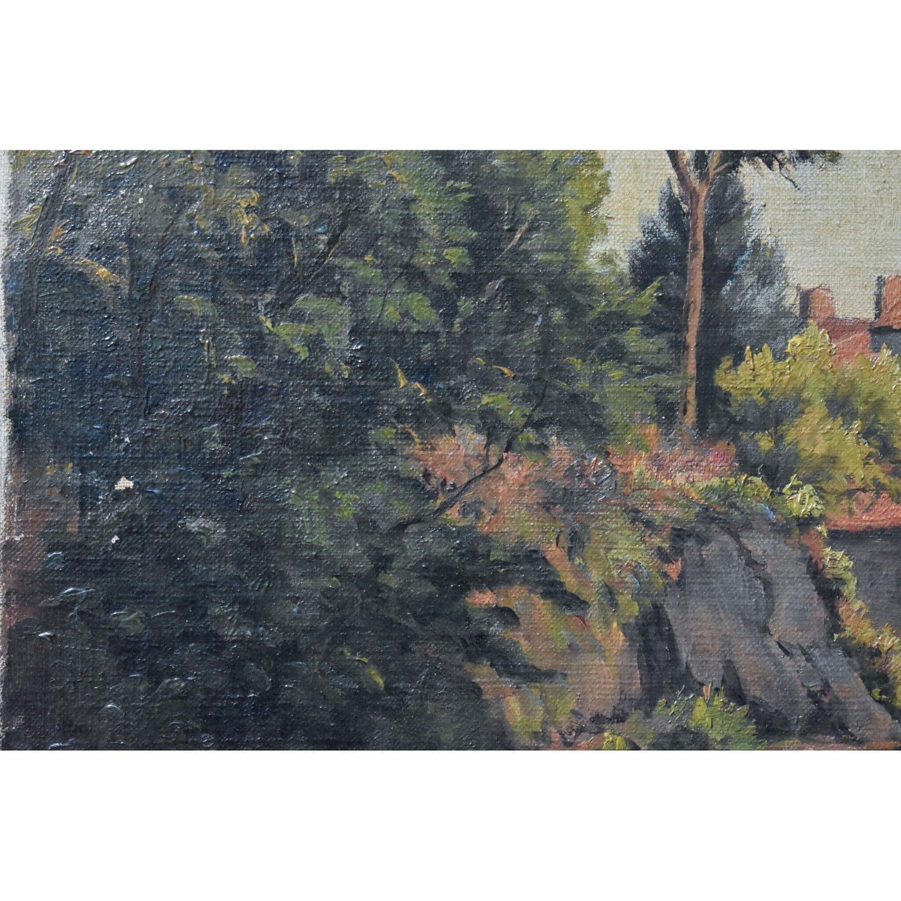 Antique landscape oil painting to be restored depicting a river bank village by Zenon Uzac for sale at Winckelmann Gallery