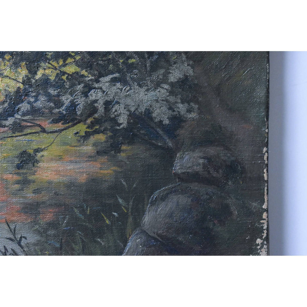 Antique landscape oil painting to be restored depicting a river bank village by Zenon Uzac for sale at Winckelmann Gallery