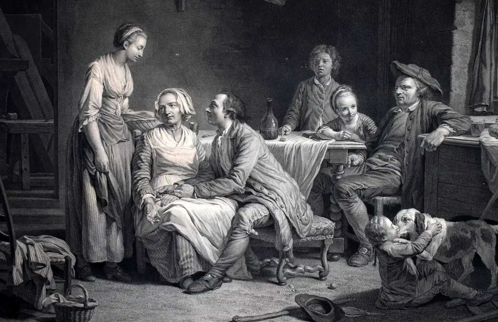 French and European art banner featuring historic genre scene of family gathering in domestic interior, representing authentic period paintings