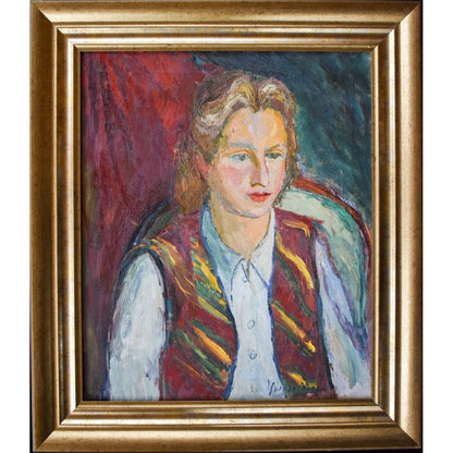 Yvonne Mondin expressionist portrait c.1930. Oil painting of young woman in striped vest, signed original with dramatic red-blue background.