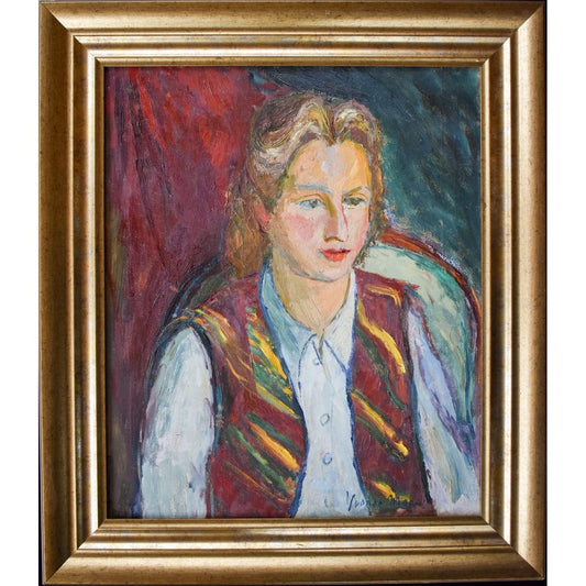 Yvonne Mondin expressionist portrait c.1930. Oil painting of young woman in striped vest, signed original with dramatic red-blue background.