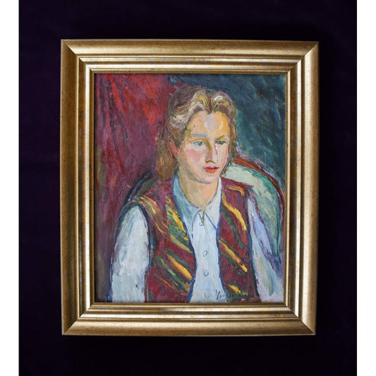 Yvonne Mondin expressionist portrait c.1930. Oil painting of young woman in striped vest, signed original with dramatic red-blue background.