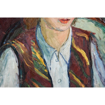 Yvonne Mondin expressionist portrait c.1930. Oil painting of young woman in striped vest, signed original with dramatic red-blue background.