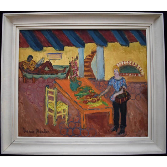 1950s French interior oil painting by Yvonne Mondin featuring domestic scene with vibrant Post-Impressionist style and warm colors.