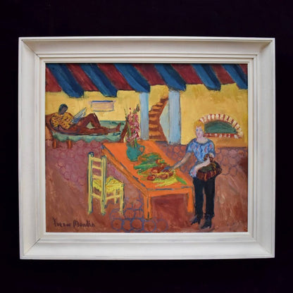 1950s French interior oil painting by Yvonne Mondin featuring domestic scene with vibrant Post-Impressionist style and warm colors.