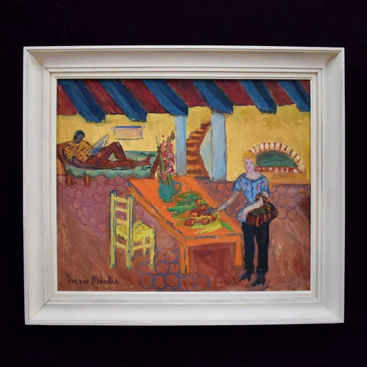 1950s French interior oil painting by Yvonne Mondin featuring domestic scene with vibrant Post-Impressionist style and warm colors.