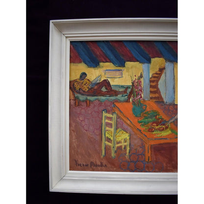 1950s French interior oil painting by Yvonne Mondin featuring domestic scene with vibrant Post-Impressionist style and warm colors.