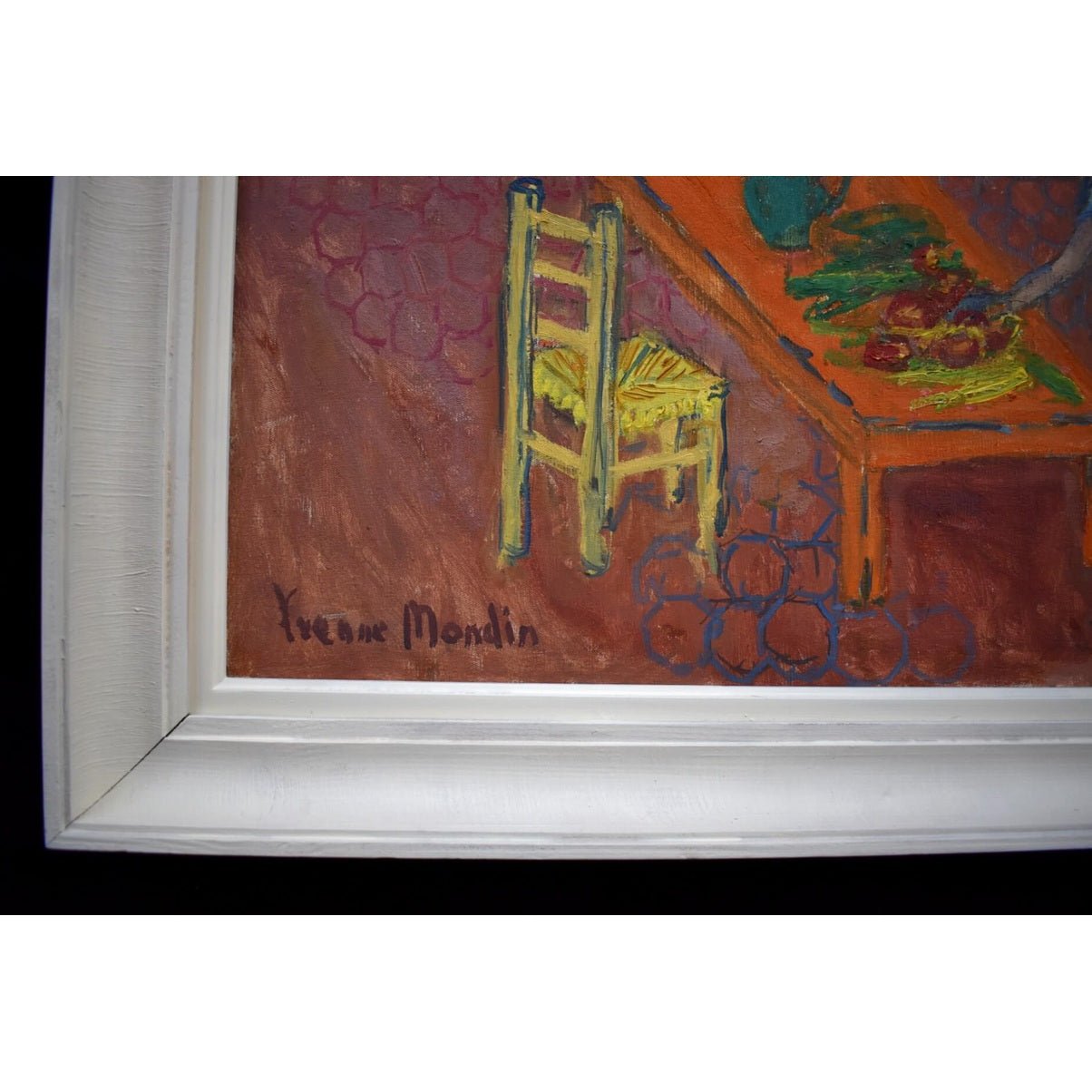 1950s French interior oil painting by Yvonne Mondin featuring domestic scene with vibrant Post-Impressionist style and warm colors.