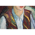 Vintage portrait oil painting of a woman seated in an armchair circa 1930 by Yvonne Mondin, for sale at Winckelmann Gallery