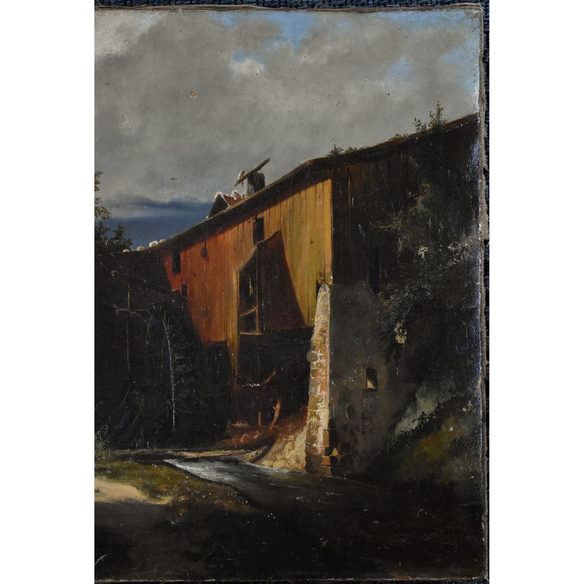 Antique landscape painting to be restored, old mill with figures, French School circa 1820, for sale at Winckelmann Gallery
