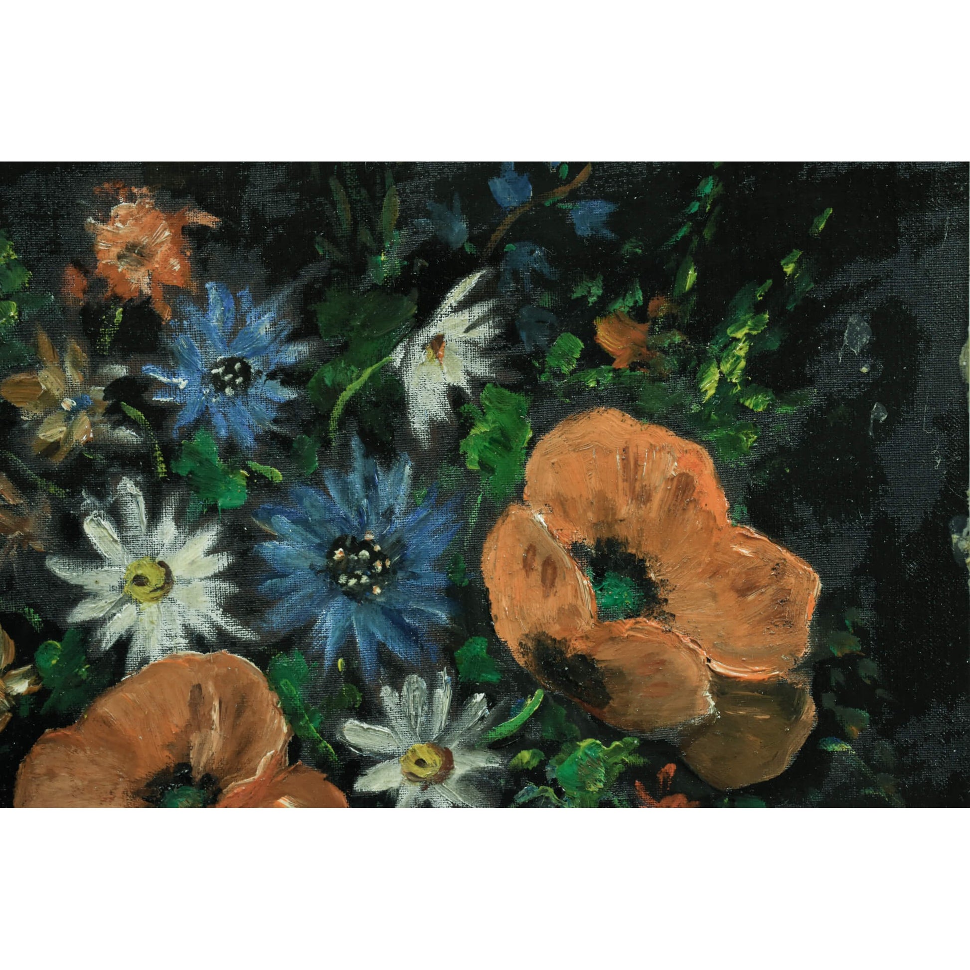 Vintage oil painting still life, poppies and daisies in a vase, circa 1950, for sale at Winckelmann Gallery