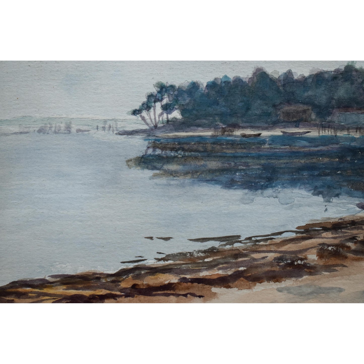 Antique landscape watercolour painting, a French lake view, unsigned artwork circa 1900, for sale at Winckelmann Gallery