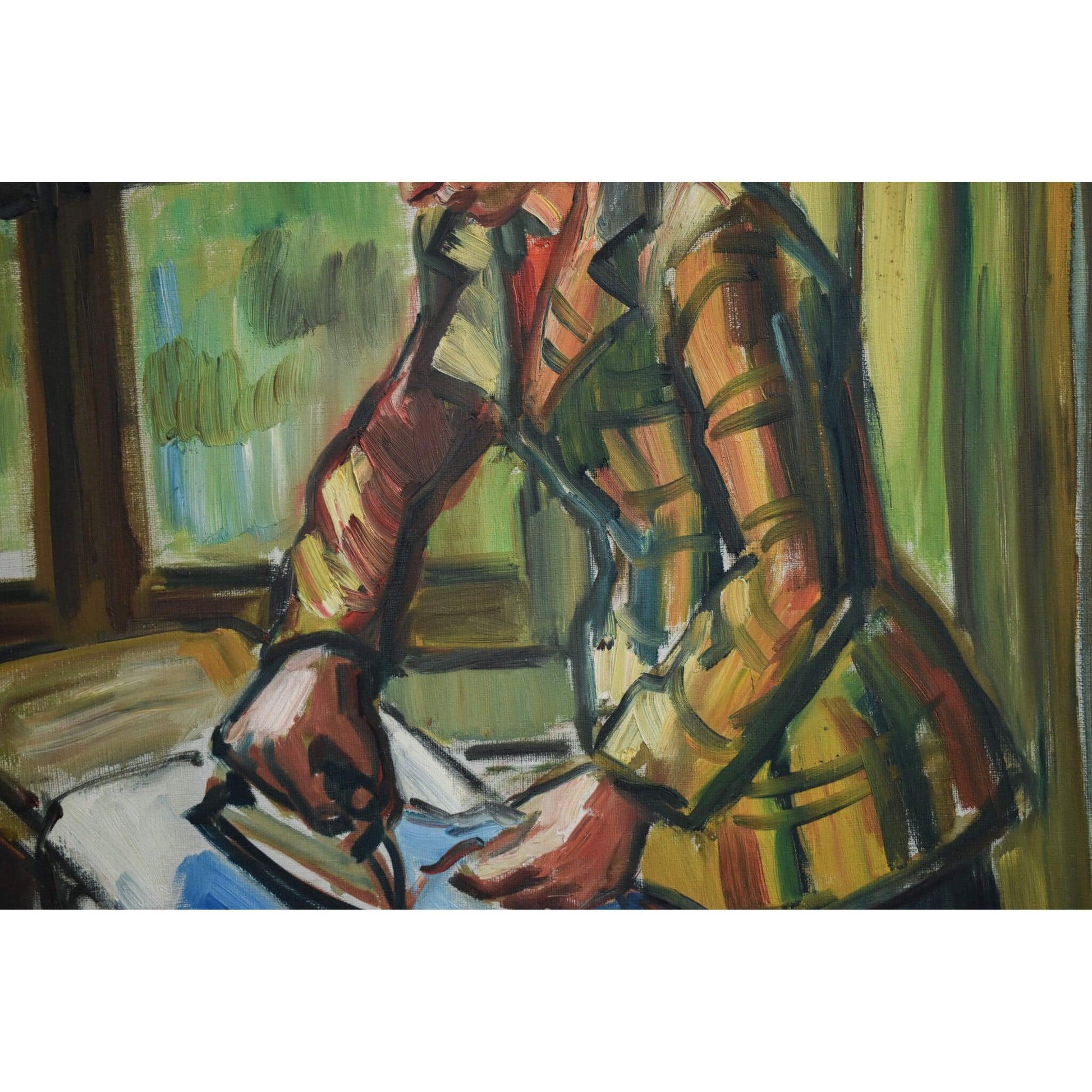 Vintage oil painting, interior scene with a woman ironing, French School circa 1940, for sale at Winckelmann Gallery