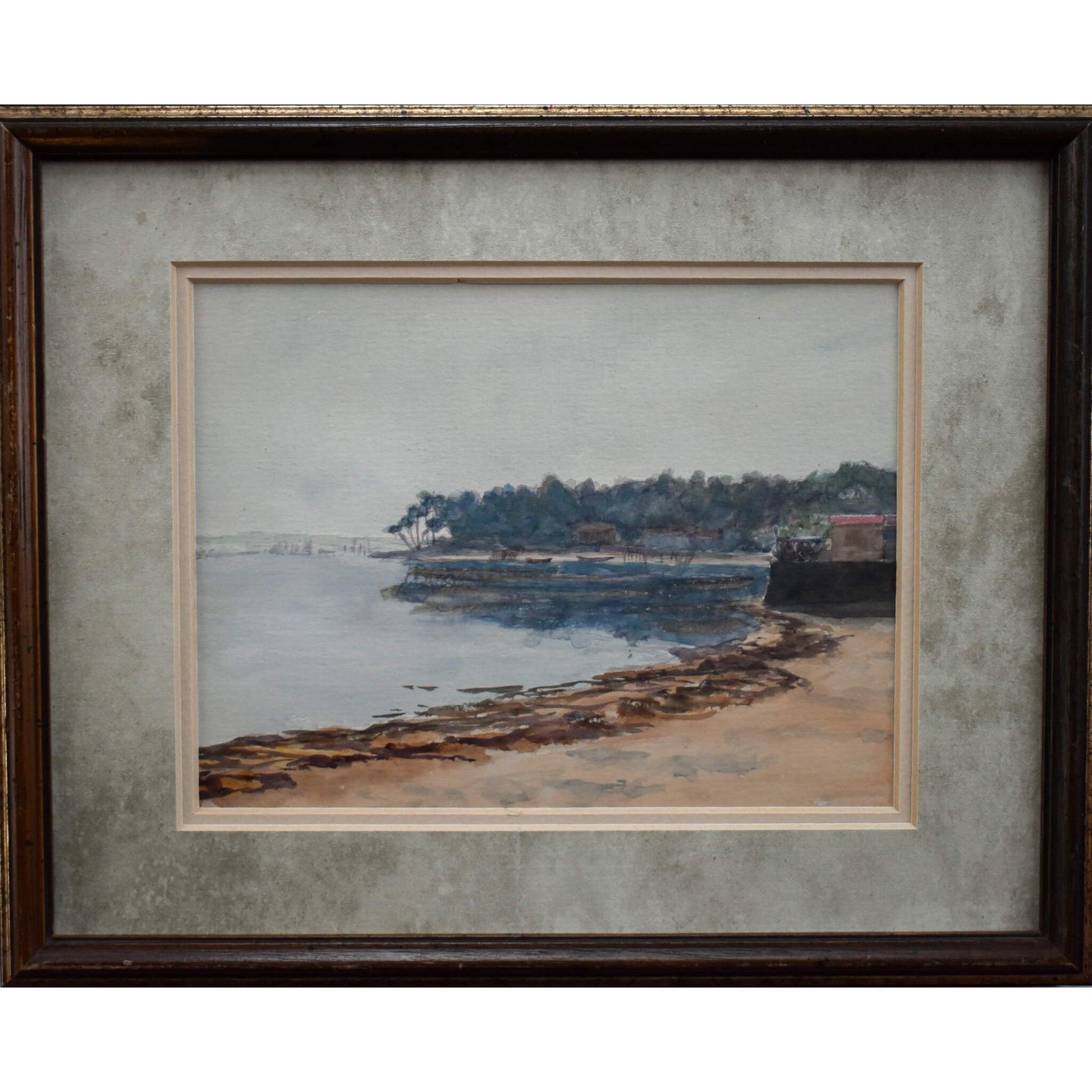 Antique landscape watercolour painting, a French lake view, unsigned artwork circa 1900, for sale at Winckelmann Gallery