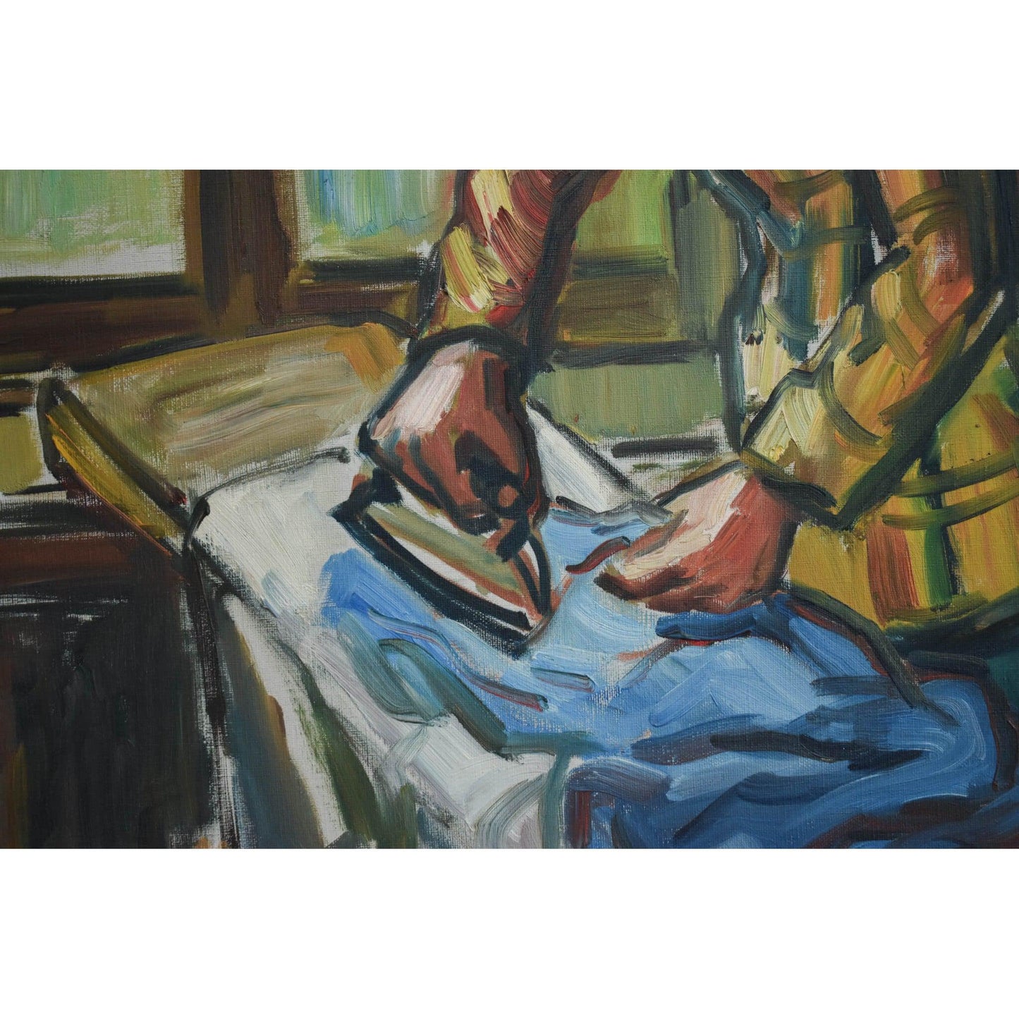 Vintage oil painting, interior scene with a woman ironing, French School circa 1940, for sale at Winckelmann Gallery