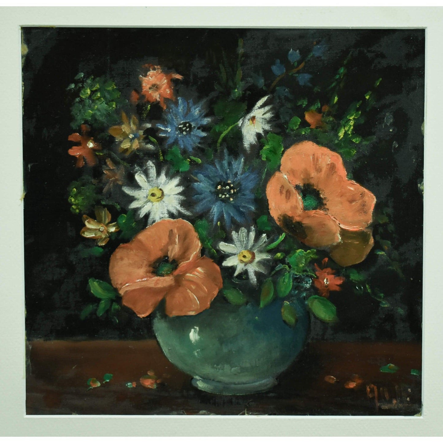 Vintage oil painting still life, poppies and daisies in a vase, circa 1950, for sale at Winckelmann Gallery