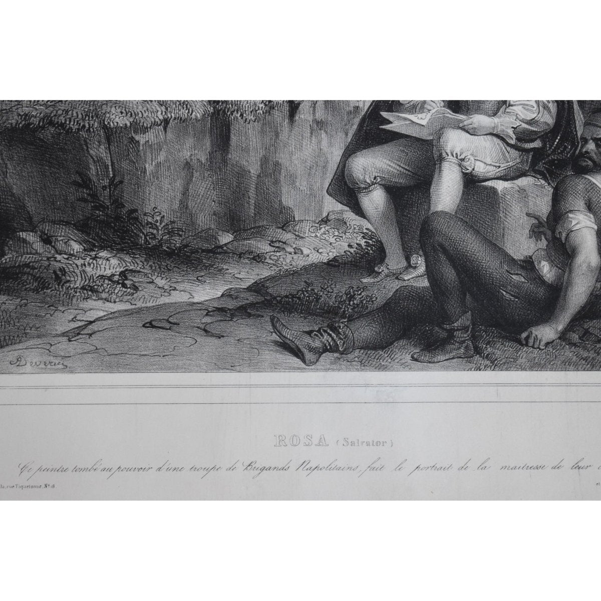 Antique lithograph Salvator Rosa italian bandits scene original 1838 by Acchille Deveria for sale at Winckelmann Gallery