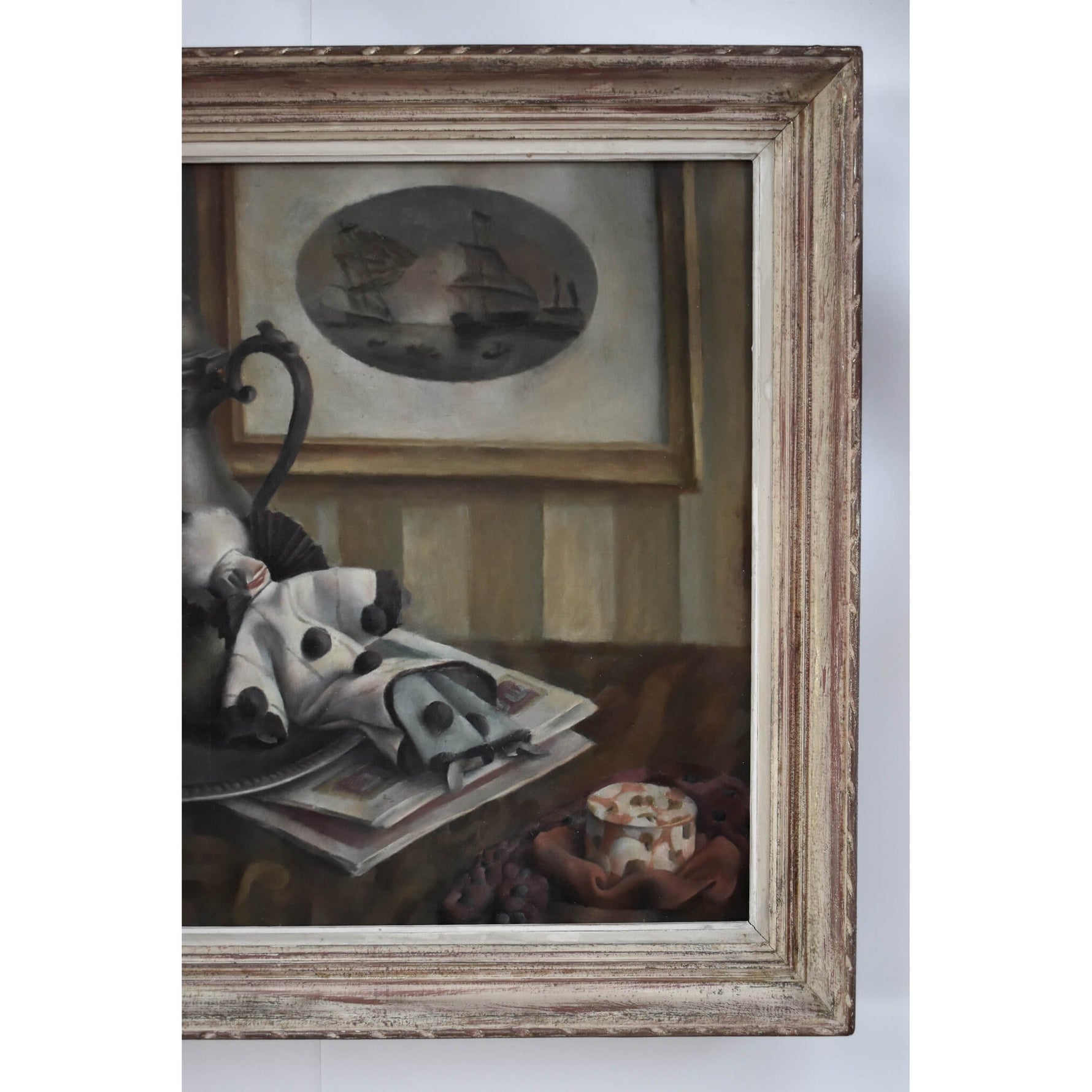 Still life oil painting with marionettes, Art Deco style circa 1925 by Albert Brabo, for sale at Winckelmann Gallery