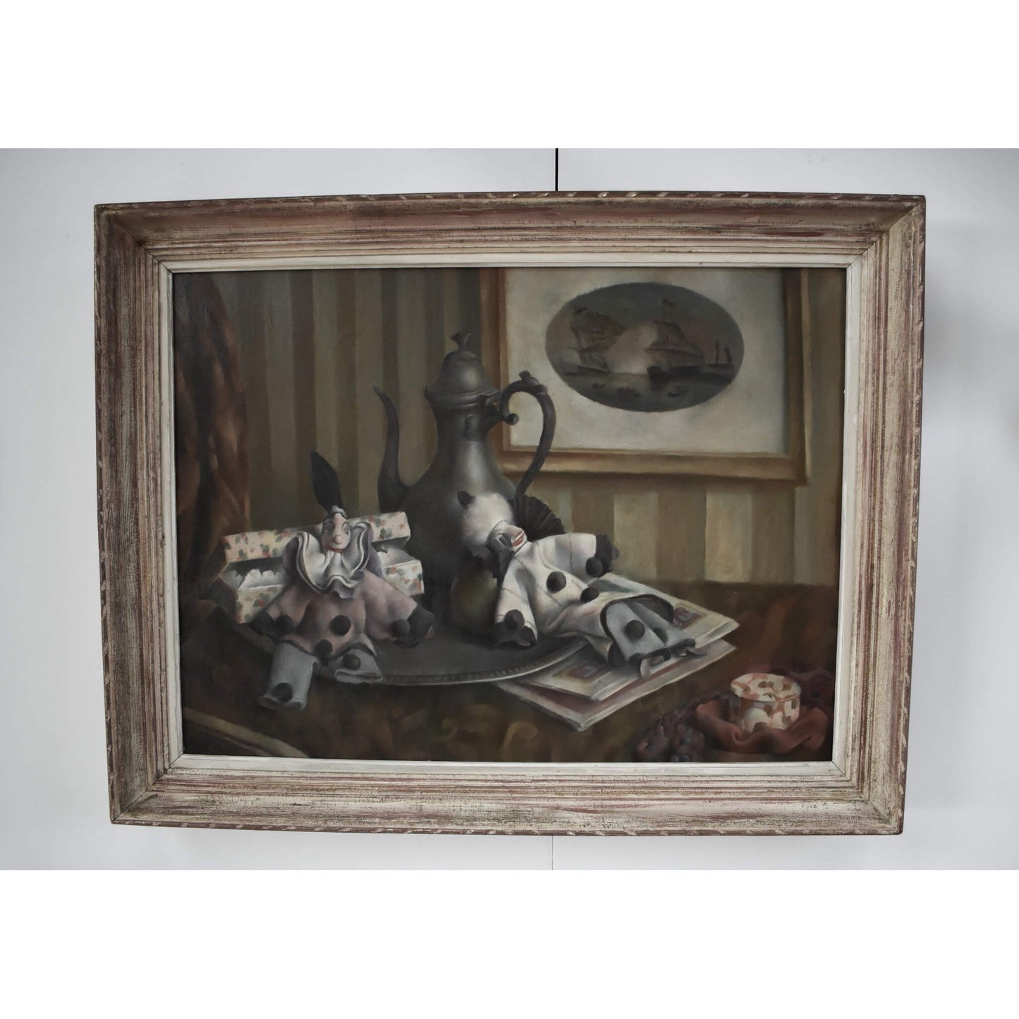 Still life oil painting with marionettes, Art Deco style circa 1925 by Albert Brabo, for sale at Winckelmann Gallery