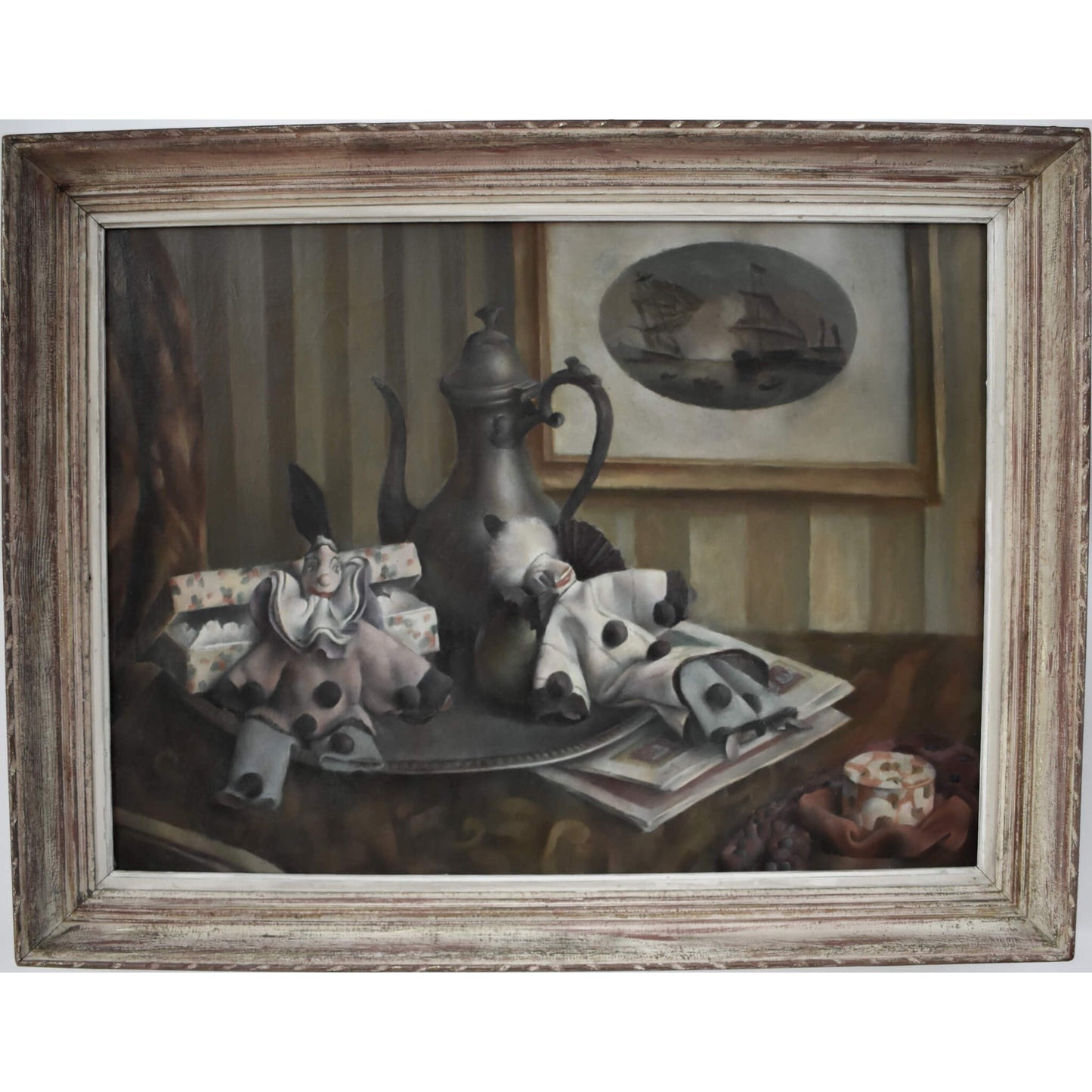 Still life oil painting with marionettes, Art Deco style circa 1925 by Albert Brabo, for sale at Winckelmann Gallery