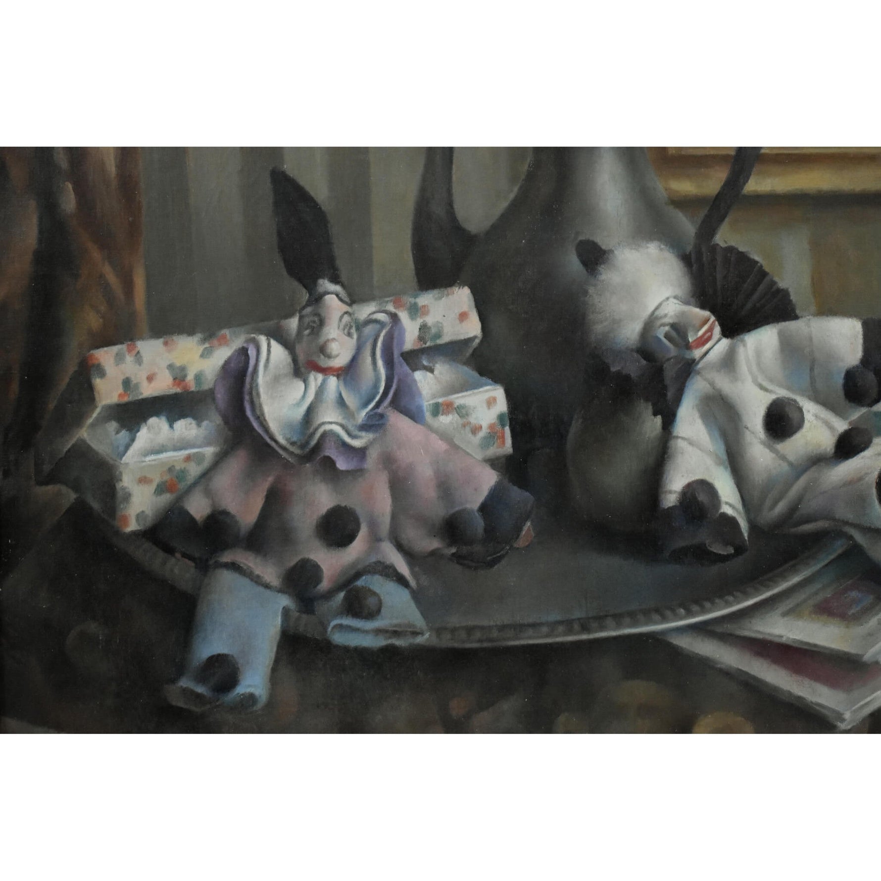 Still life oil painting with marionettes, Art Deco style circa 1925 by Albert Brabo, for sale at Winckelmann Gallery