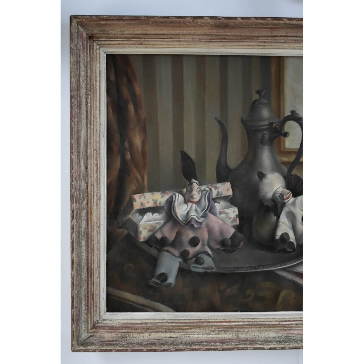 Still life oil painting with marionettes Art Deco style circa 1925 by Albert Brabo for sale at Winckelmann Gallery