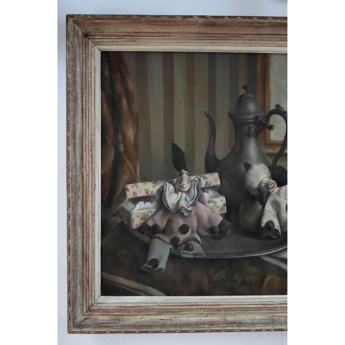 Still life oil painting with marionettes, Art Deco style circa 1925 by Albert Brabo, for sale at Winckelmann Gallery