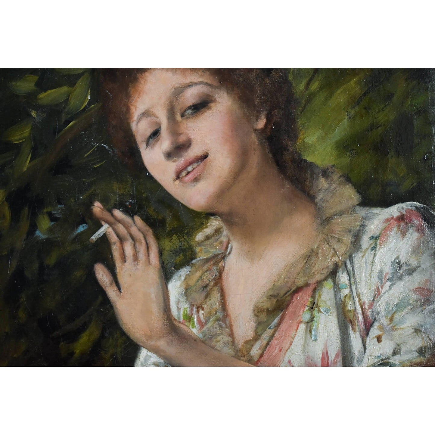 Portrait oil painting young woman smoking original 1887 by British artist Alfred Mendoza for sale at Winckelmann Gallery
