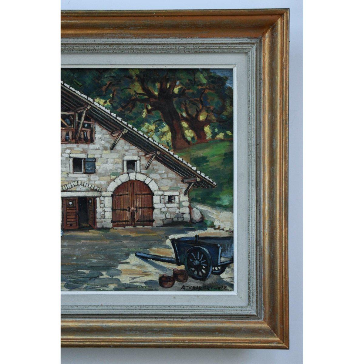 Vintage landscape oil painting French old farm 1942 by André Chabert for sale at Winckelmann Gallery